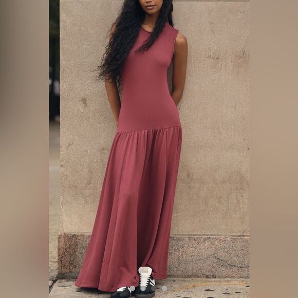 Anthropologie Maroon Red Drop Waist Maxi Dress‎ Large - Picture 1 of 7